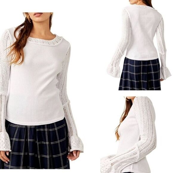 Free People Cuffing Season White Crochet Knit Long Sleeve Top size Small Boho - Picture 1 of 11